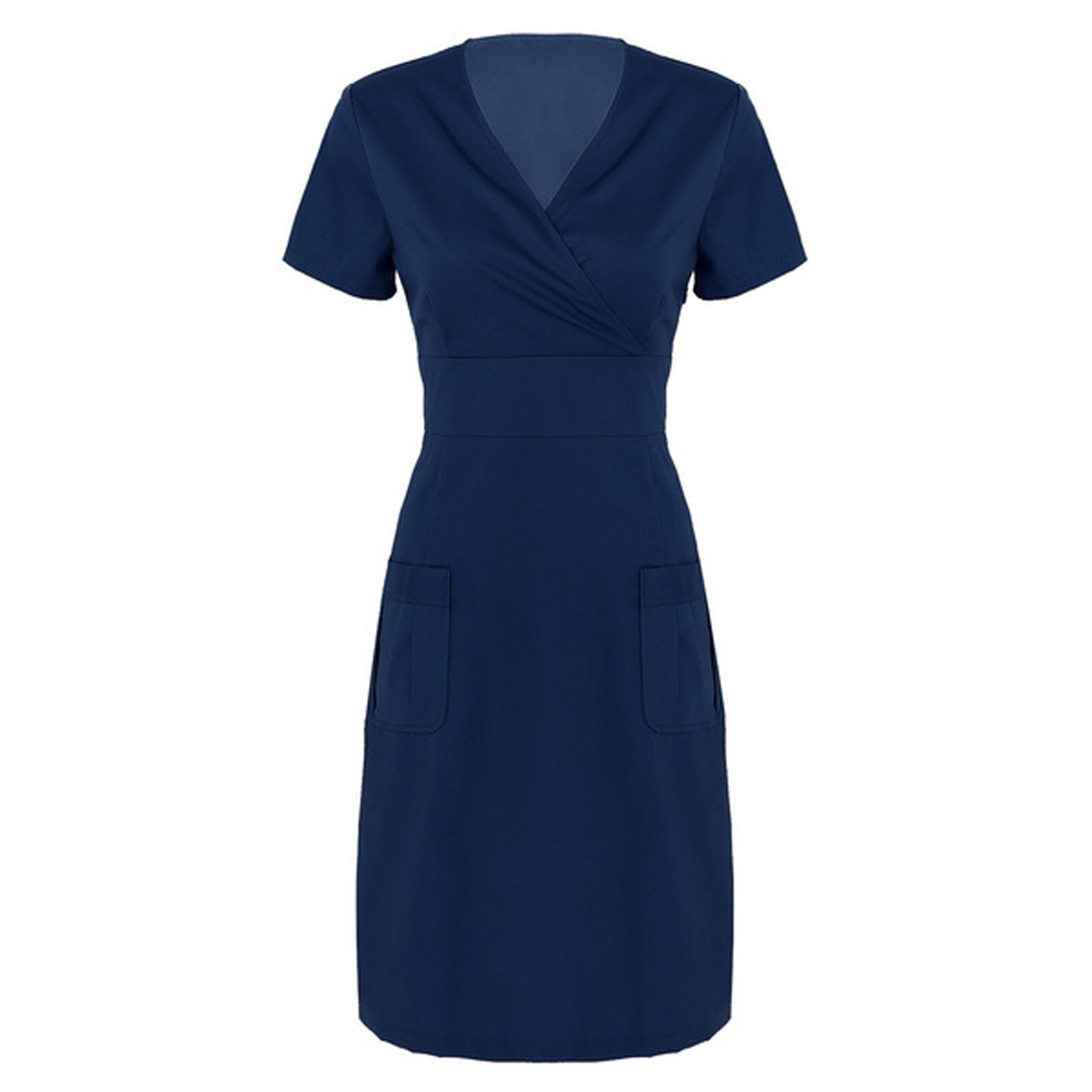 women's uniform dress Casual Short Sleeve V-neck Solid Working Uniform Solid Pocket Dress beautician uniform nurse uniform: Black / XL