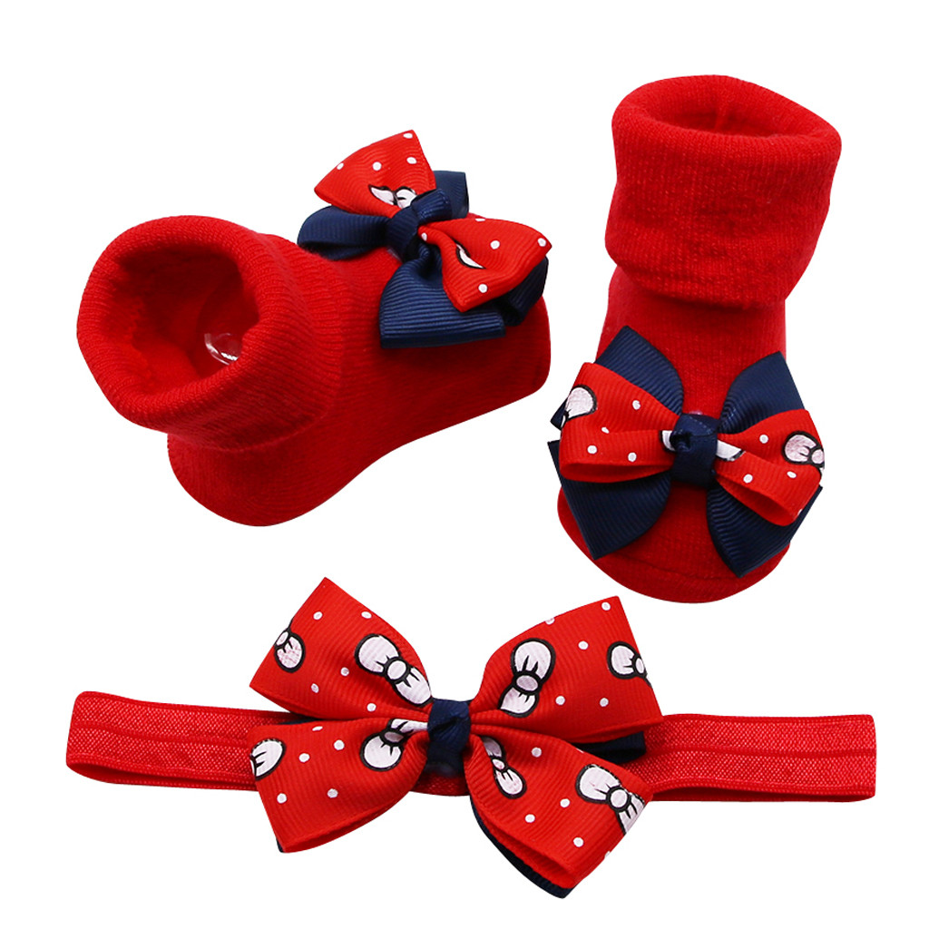 Baby Infant Girls Socks +1PC Hair Belt Toddler Girls Bow Wave Point Anti-slip Socks Cute Baby Socks Newborn #1021: DB