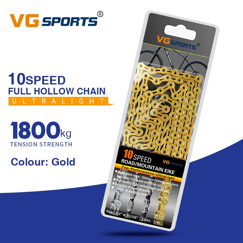 10S Bicycle Chain Half / Full Hollow Bike Chains 10 Speed 116 Links Ultralight MTB Mountain Road Bike Variable 30 Speed Boxed: 10s full hollow gold