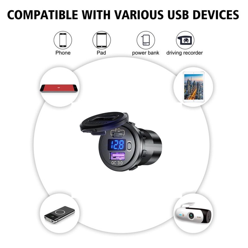 Waterdicht Type C Pd QC3.0 Usb 12V Auto Snelle Auto-oplader Met Led Voltmeter Op Uit Schakelaar Kabel Voor truck Motorfietsen Mari