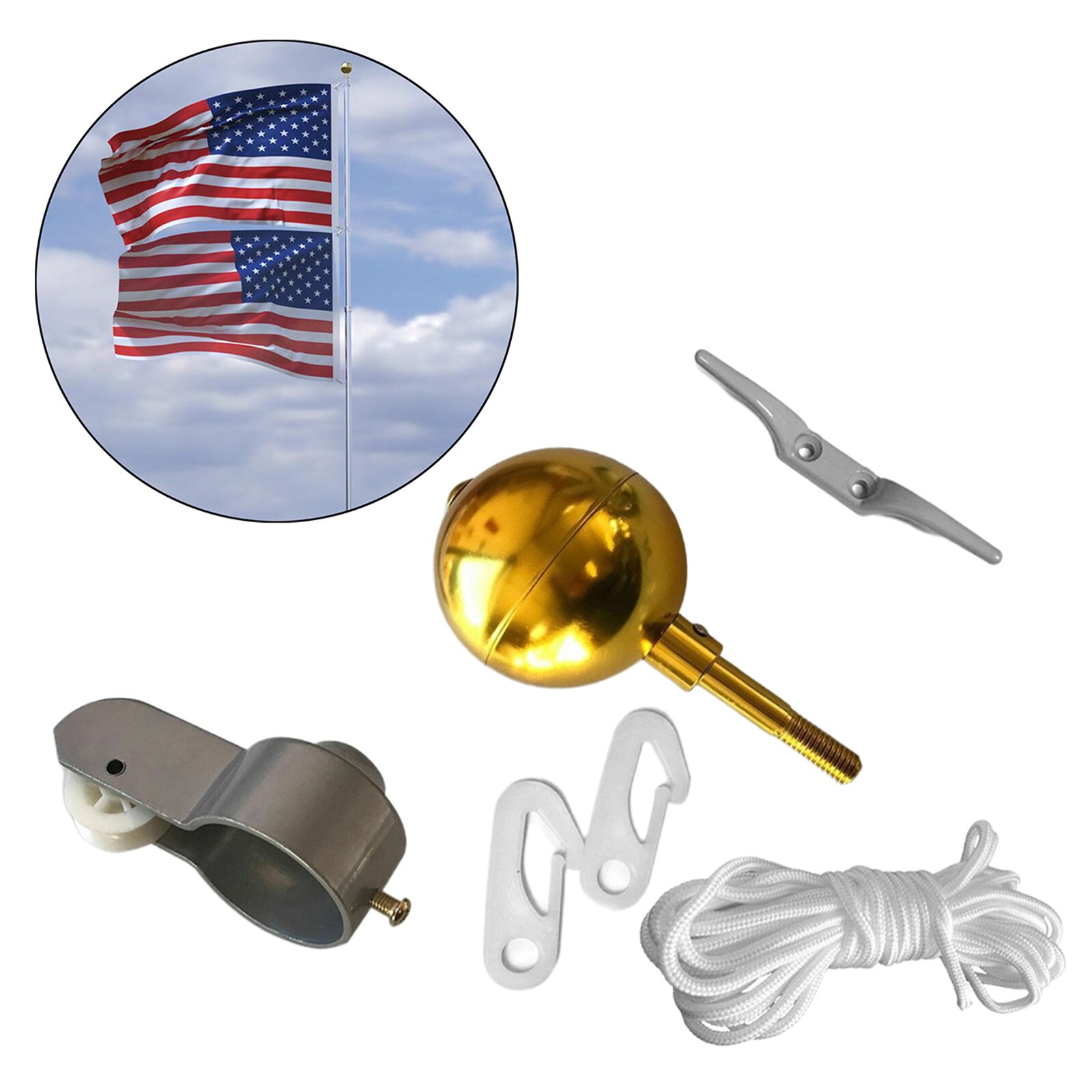Flag Pole Hardware Repair Kit 3&quot; Ball Top Ornament Cleat Hook 4 Snap Hooks,