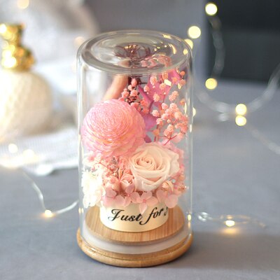 Preserved Flower Rose Glass In A Dome Dried Flower Bouquet For Valentine's Day Girlfriends Birthday Wedding: Round Pink