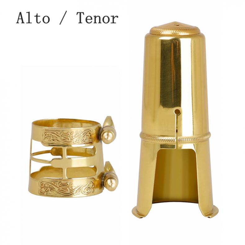 Saxophone Mouthpiece Cap & Ligature Set - Tenor & Alto - Brass Gold Plated Protective Replacement Cap