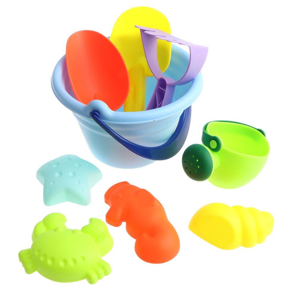 Ensemble de jouets de sable de plage avec canette d'eau, pelles, râteau, seau et moules pour animaux, jouet de bac à sable d'été pour enfants 9 pièces