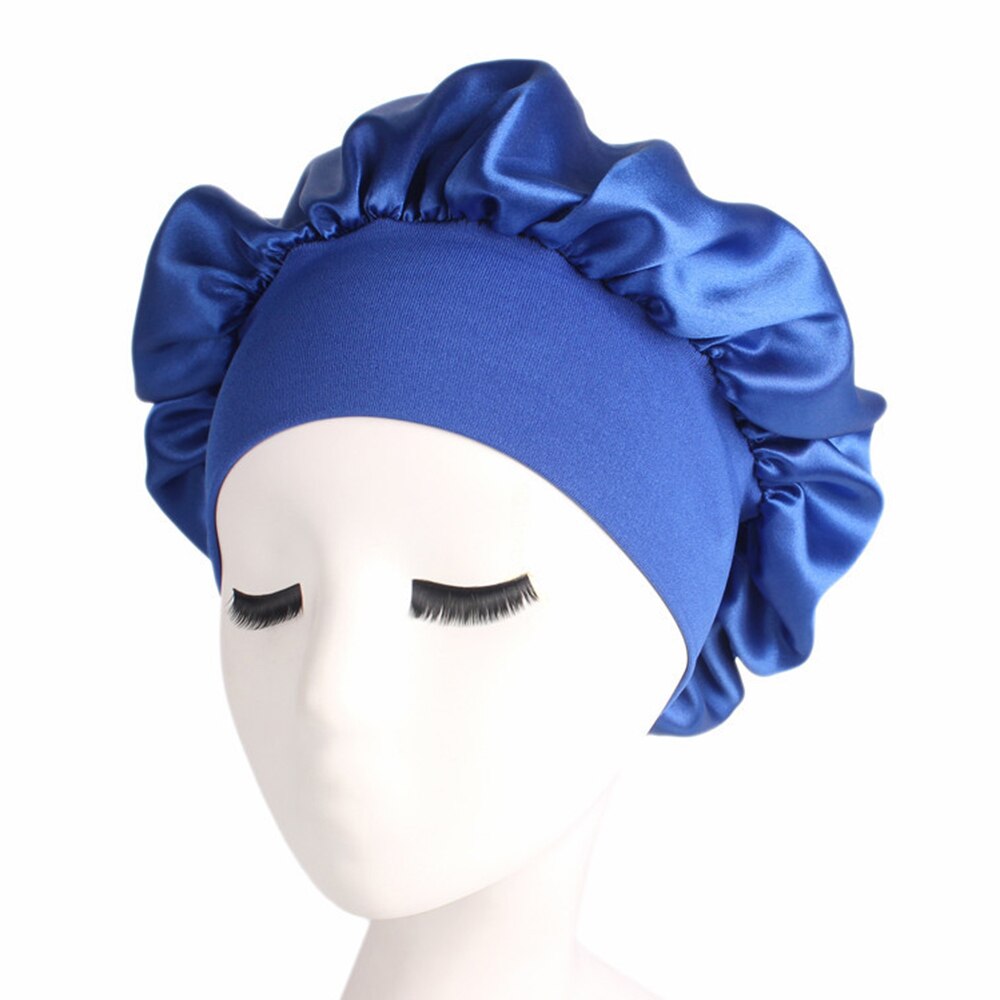 doux soie femmes nuit sommeil coiffe de tête serviette de douche chapeau réglable dames cheveux longs soins Bonnet Scraf Satin chapeau accessoires: royal blue 2