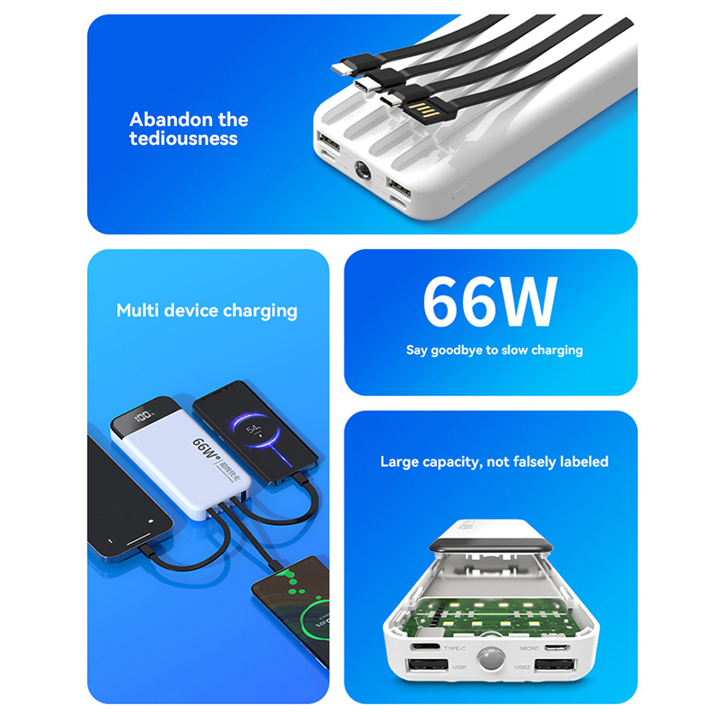 66W Super Fast Charging 100000mAh Power Bank With Built-in Cable Large Capacity Portable Digital Display Charger Spare Battery