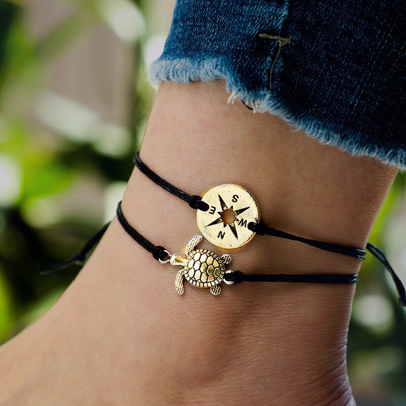 Zomer Strand Turtle Shaped Charm Rope String Enkelbanden Voor Vrouwen Enkelband Vrouw Sandalen Op De Been Chain Foot Sieraden