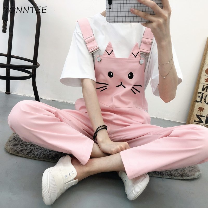 Jumpsuits dam kawaii tecknad lös overall slouchy byxor student daglig chic fritid oversize matchande söt dam