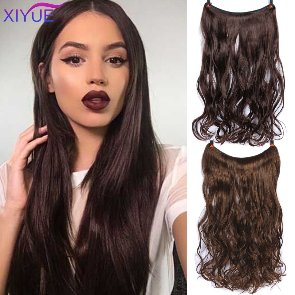 Long Straight/Curly Brown Light Brown two-tone Natural curly Hair Extensions Invisible Fish Line No Clips In Hair Extensions Hai
