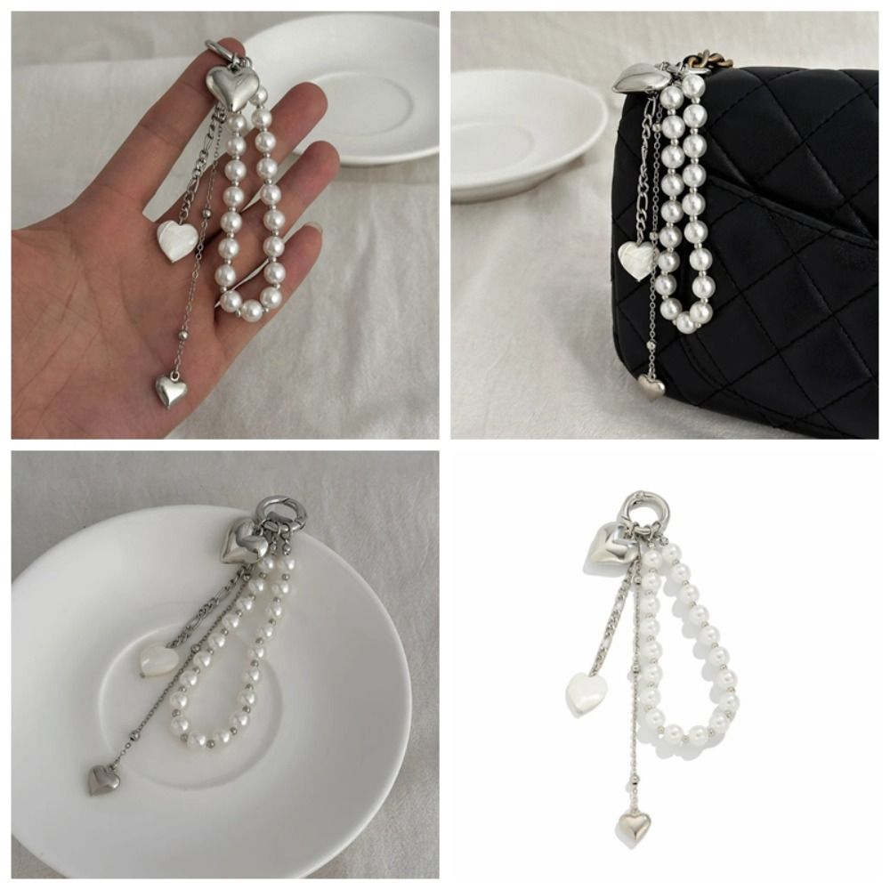 Moda metal pérola frisado chaveiro pêssego coração forma borla decoração saco de contas corrente pingente jóias saco acessórios