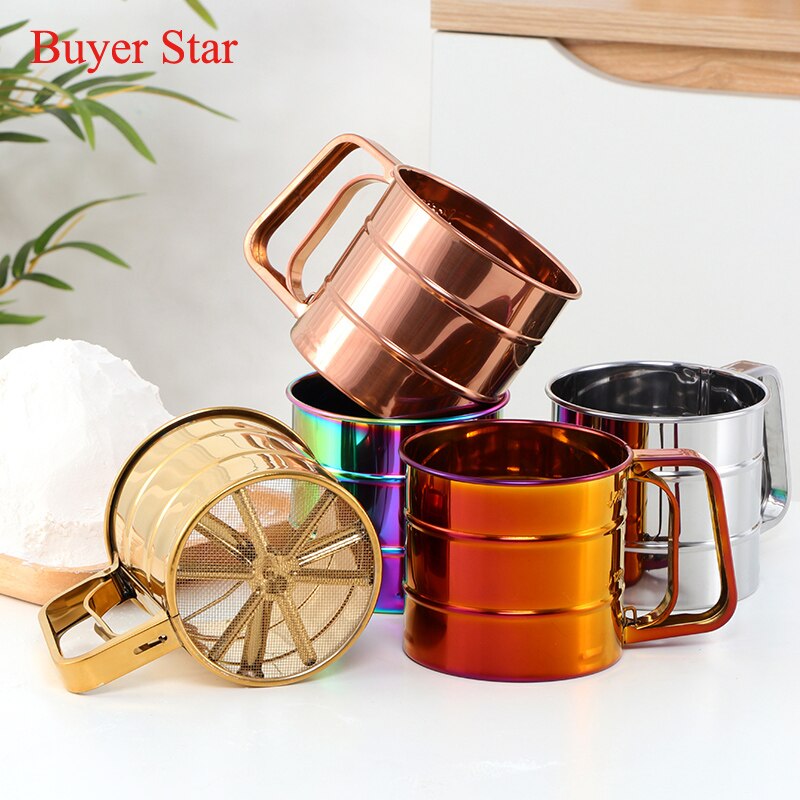 Goldene Manuelle Edelstahl Mehl Sieb Backen Gebäck Werkzeuge haltbar Backformen Zucker Shaker metall Gittergewebe Sieb tasse Küche Gerät