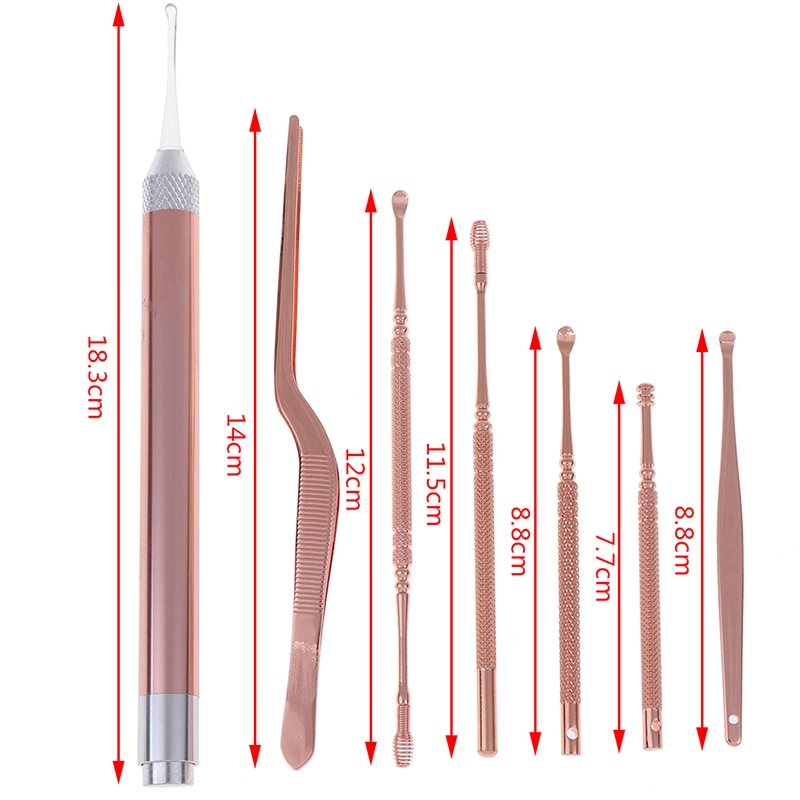 7 Stks/set Led Oor Wax Pickers Rvs Earpick Wax Remover Oor Pick Schoner Oor Schoner Lepel Zorg Oor Schoon tool