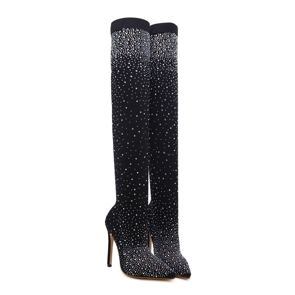 NIUFUNI Dame Over De Knie Laarzen Rhinestone Crystal Bling Thight Laarzen Hoge Hak Schoenen Vrouwen Sok Comfort Elastische Party Schoenen