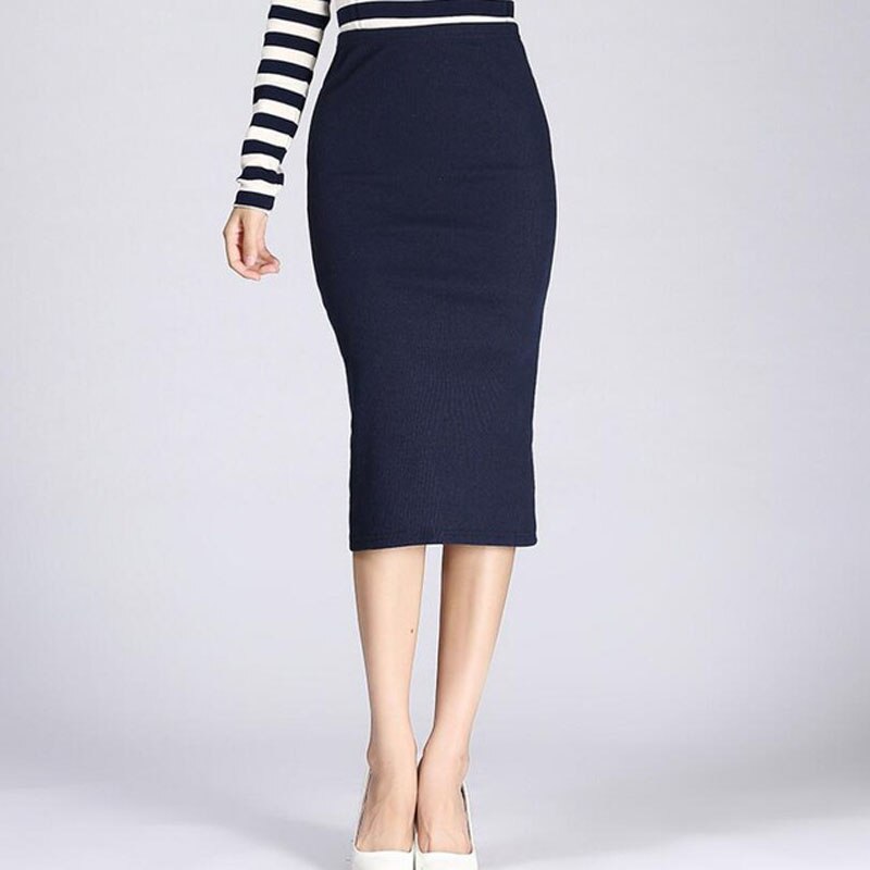 Danjeaner Vrouwen Formele Werk Hoge Wasit Gebreide Katoen Potlood Rokken Elastische Solid Slim Lange Rokken Split Pakket Hip Maxi Sketches: Navy