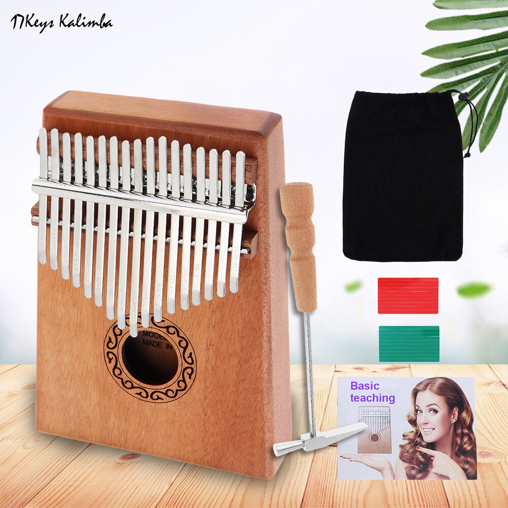 17 Key Kalimba Single Board Mahogany Thumb Piano Mbira Mini Keyboard Finger Piano Musical Instrument with Complete Accessories: Wood