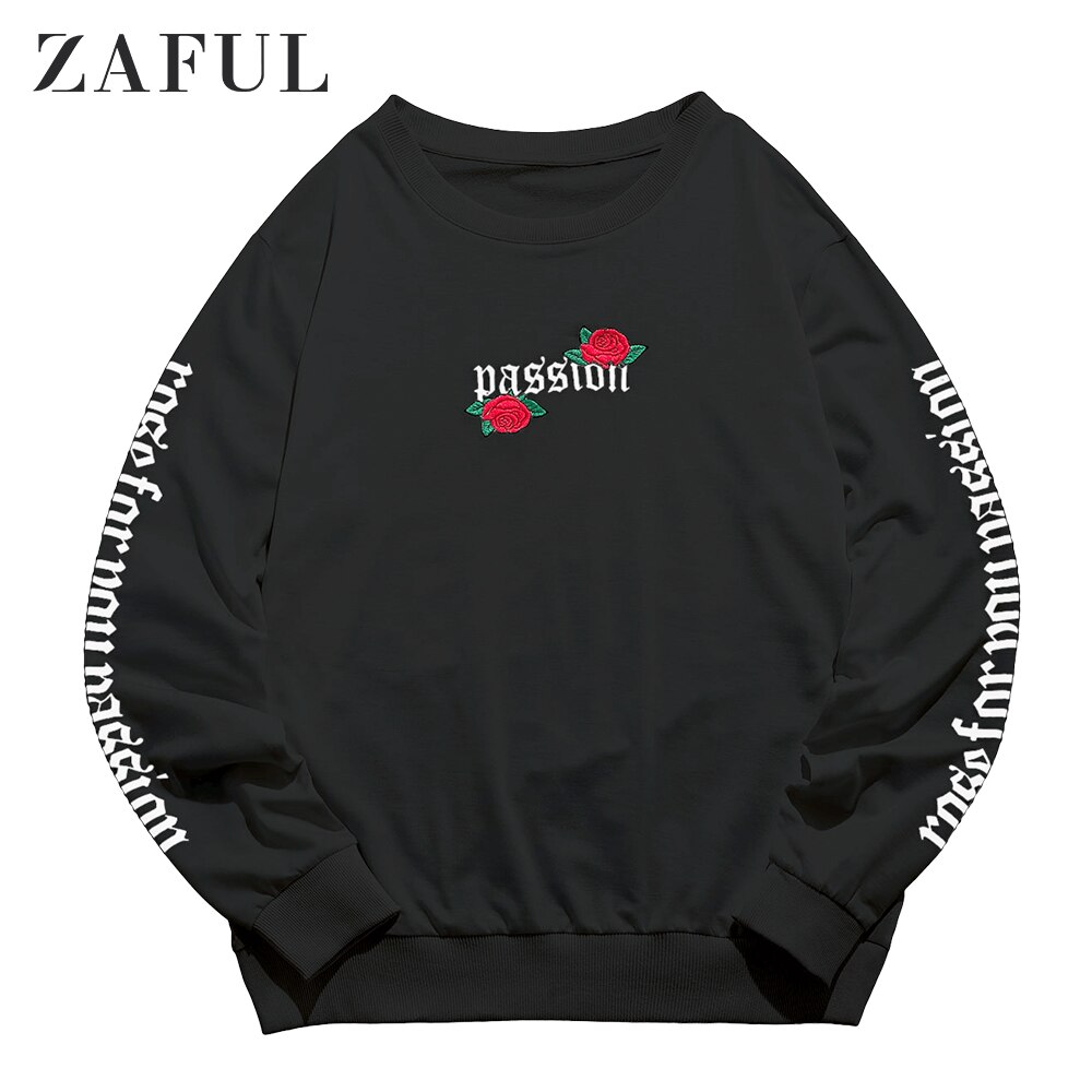 ZAFUL Männer Rose knapp Bestickt Hüfte-hüpfen Sweatshirts Männlichen Langarm Blumen- drucken lässig zur Seite fahren Outwear Plus Größe: Schwarz / M