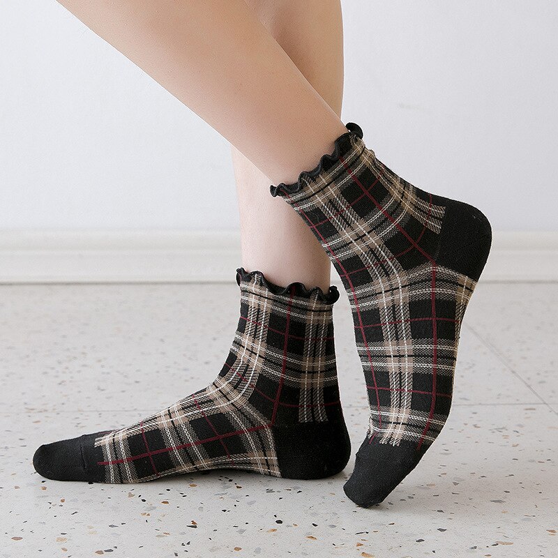 Zomer Korte Sokken Vrouwen vezelig zelfkant Meisjes Student College Stijl Retro Ladylike Stijl JP Katoen Jonge dame plaid Ruche Fun