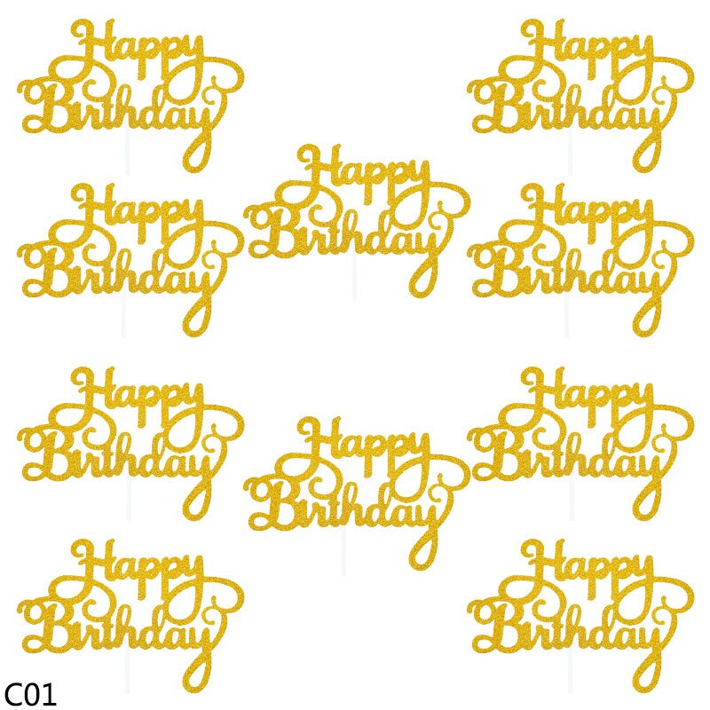 10pc Bling Glitter Happy Birthday Cake Topper For Baby Shower Kids Birthday Party Cake Baking Dessert Decor Supplies Cake Insert: C01 gold