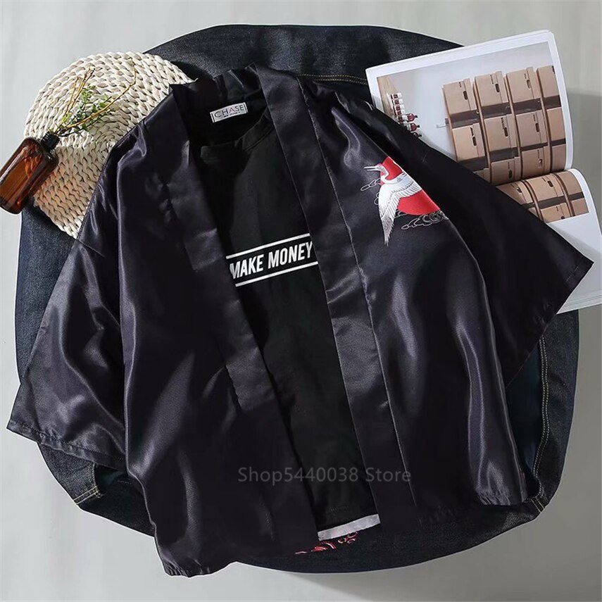 Japanse stijl traditionele kleding mannen aziatische oosterse streetwear jas samurai haori panda kraan patroon kimono top