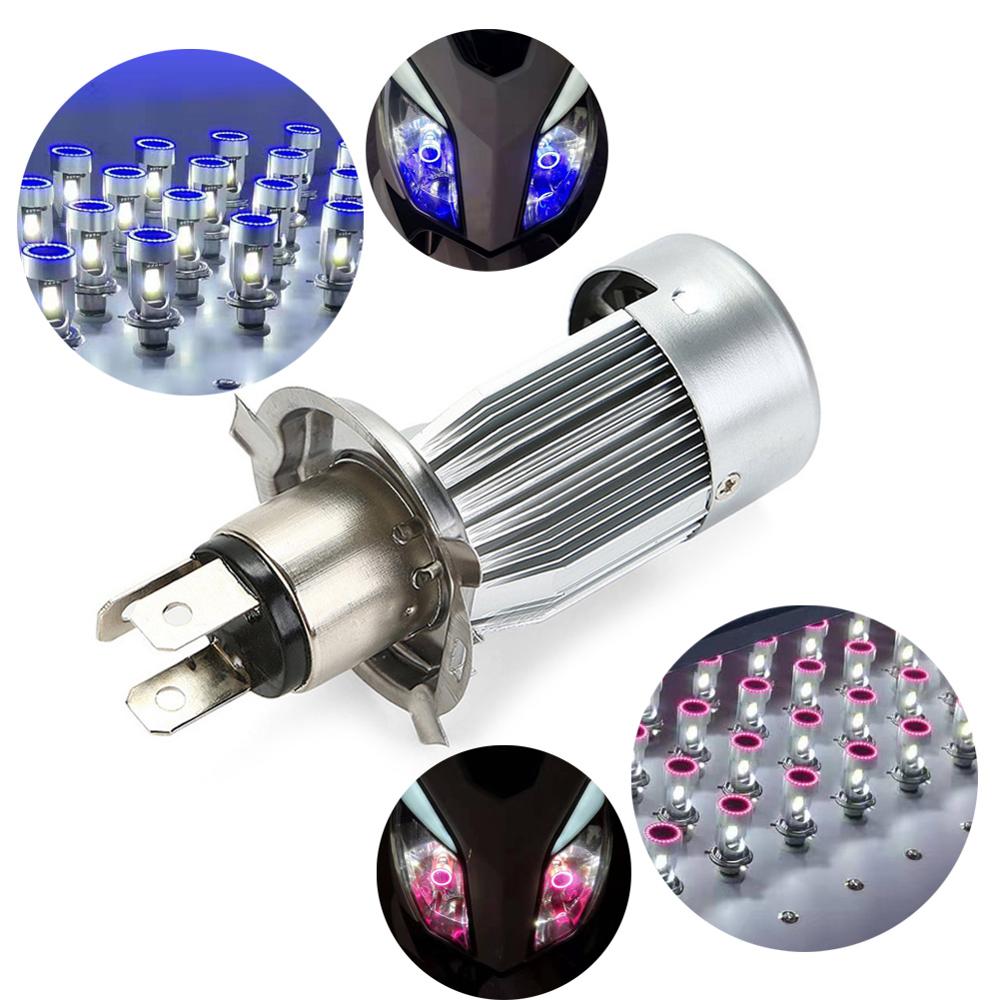 Faro LED de ojo de Ángel para motocicleta, luz de faro LED H4 Ba20d HS1 H6, accesorios DRL de 12/24V, azul/rosa