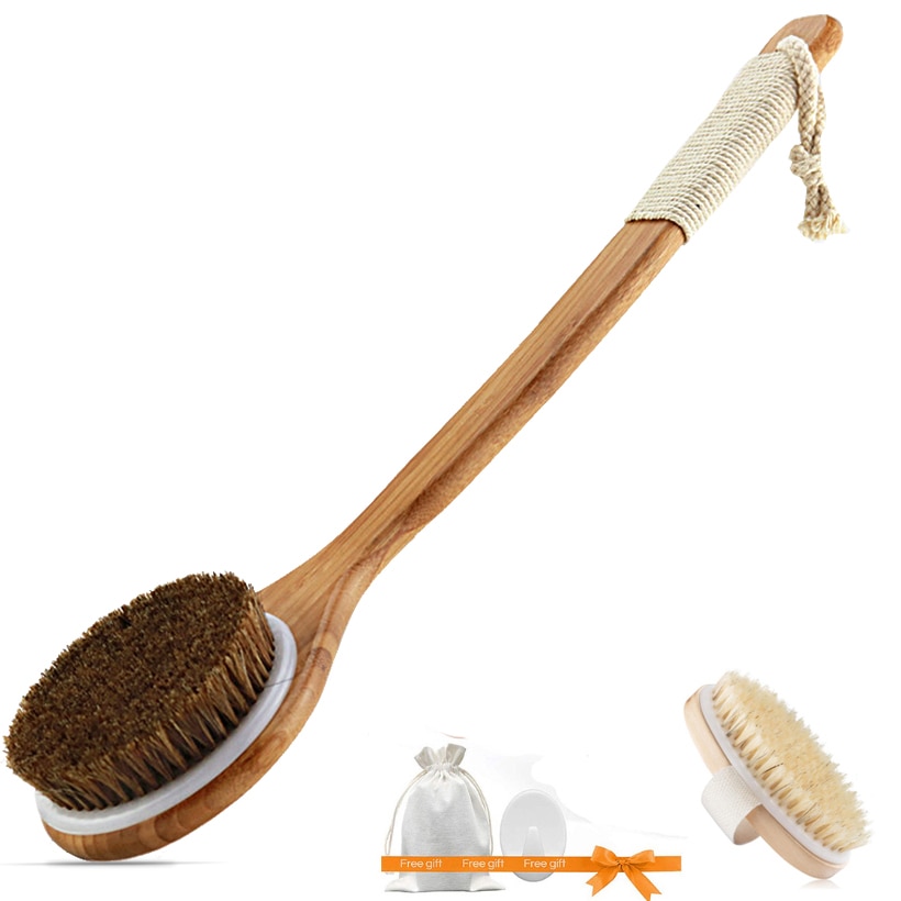 Badebørste naturlig børste massage badebørste kropsmassage spa tørbørste eksfolierende langt håndtag trækropsbrusebørste  d40