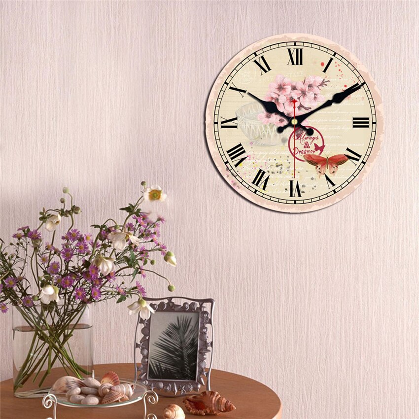 Hjemmekontor kafé kjøkken bar innredning hjemme stille rosa blomst veggklokke årgang stor kunst veggklokke shabby elegant stille klokke