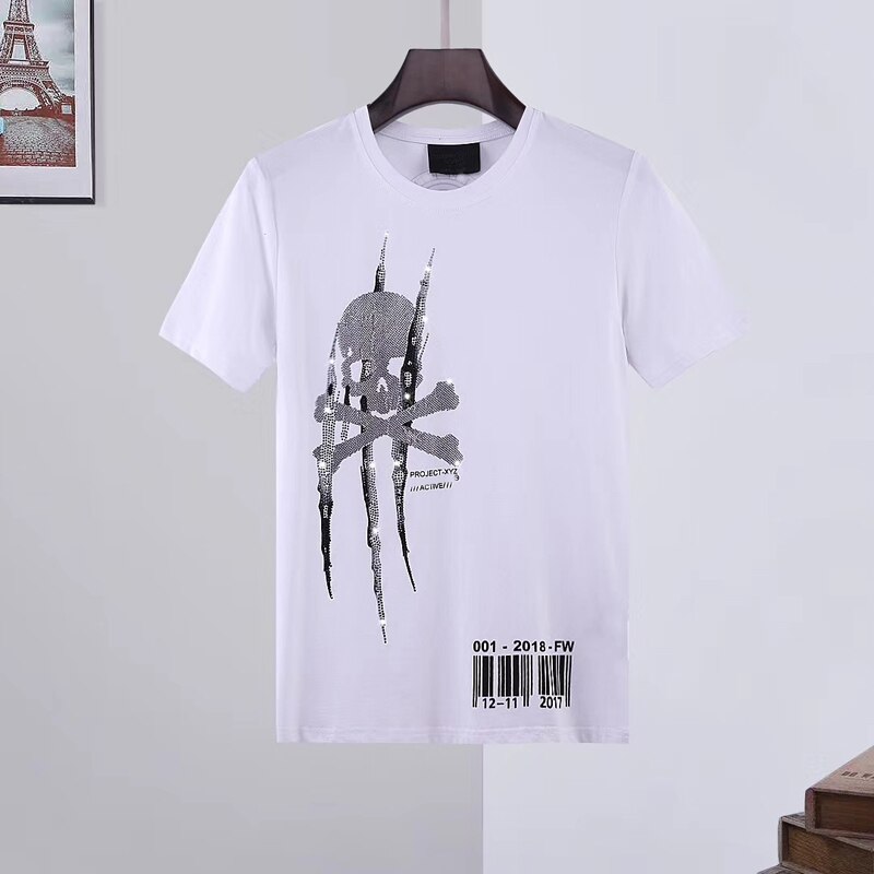 Summer Men T-shirt Men Short-Sleeved Tops Hip-Hop Street Sportswear Plein Skull Round Neck Short-Sleeved 3D Printed: White / XXXL