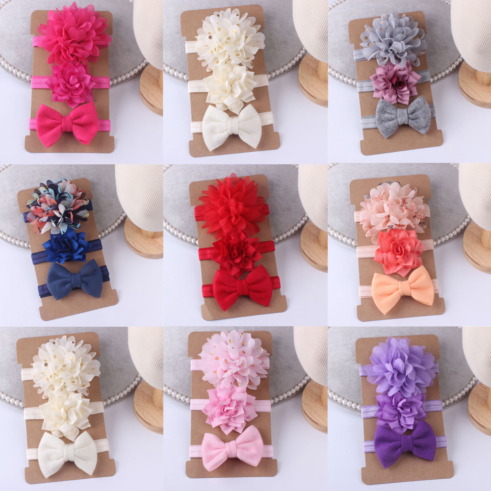 Conjunto de Diadema con lazo para bebé y niña, Bandage para la cabeza con lazo, diadema de flores para el pelo, accesorios de ropa infantil, 3 piezas