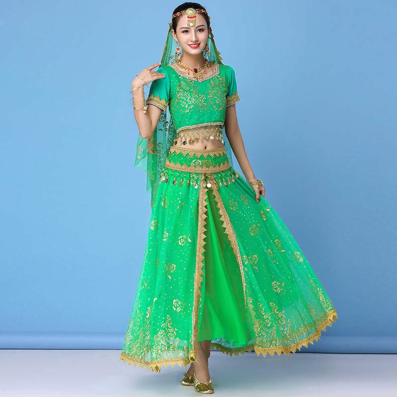 vêtements de danse femmes performance indien sari tenue bollywood danse du ventre costumes ensemble haut + ceinture + jupe + voile + casque: Green / L