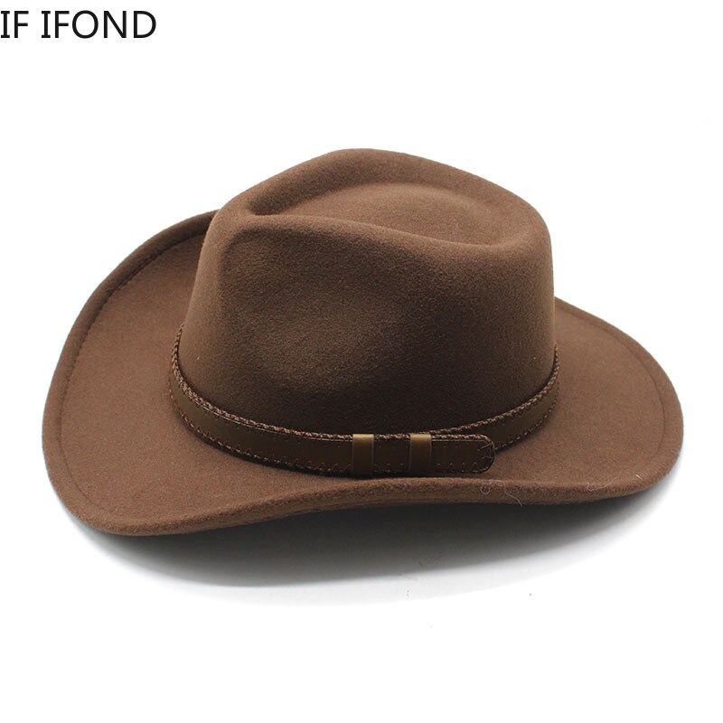 Women's Men's Winter Wool Western Cowboy Hat With Belt Cowgirl Jazz Toca Sombrero Cap Godfather Cap