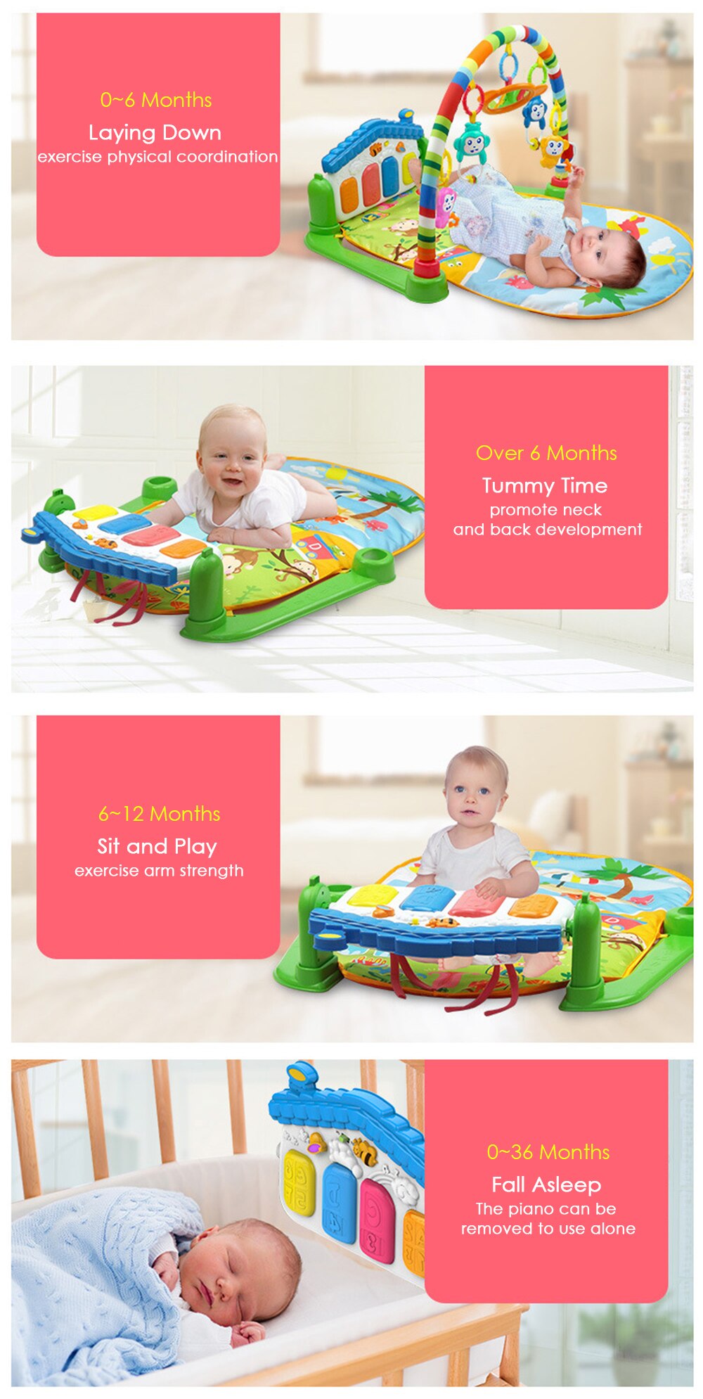 Baby Kick and Play Piano Gym Mat Rack foldable Play Crawling Mat Early Educational Toy for 0~36M