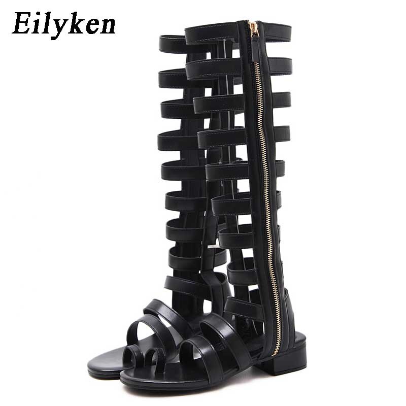 Eilyken Donne di Estate Sandali Open Toe Ginocchio Alti Sandali Stivali Con Cerniera Gladiatore Copertura Tacco Piatto Casual Sandali formato 35-40: Black / 8