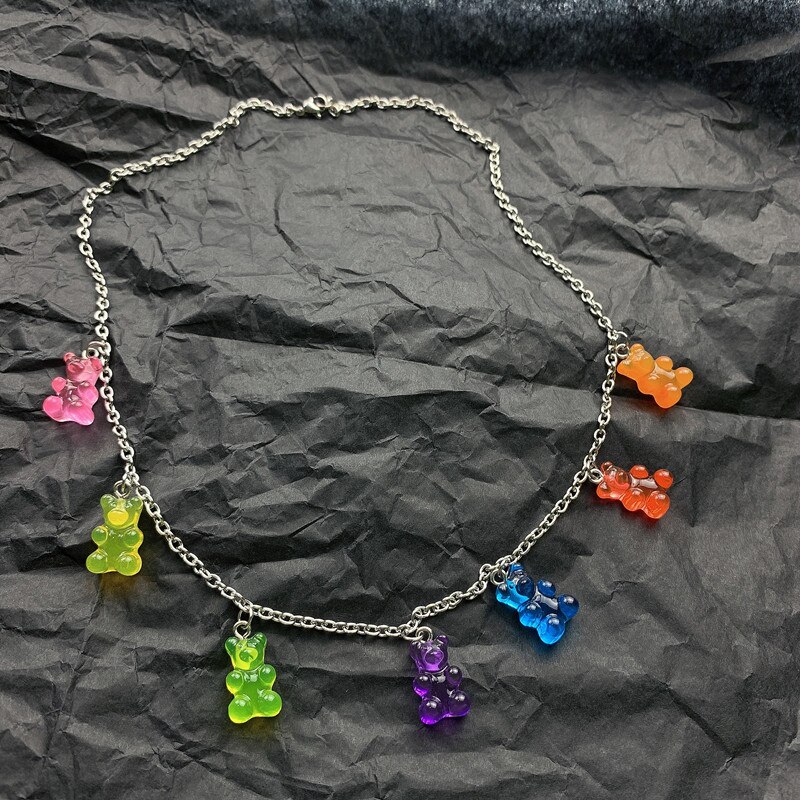 Gummy mini candy bear 7 farger søt judy tegneserie dyreanheng bjørn halskjede rustfritt stål choker kvinner jente bijoux krage