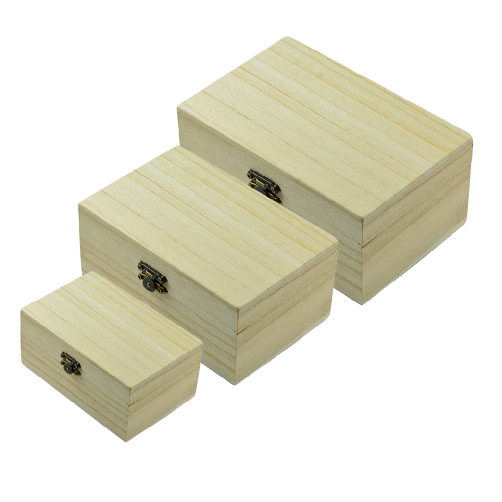 3pcs Rectangle Wood Box Unfinished Wooden Jewelry Storage Case DIY Craft Box