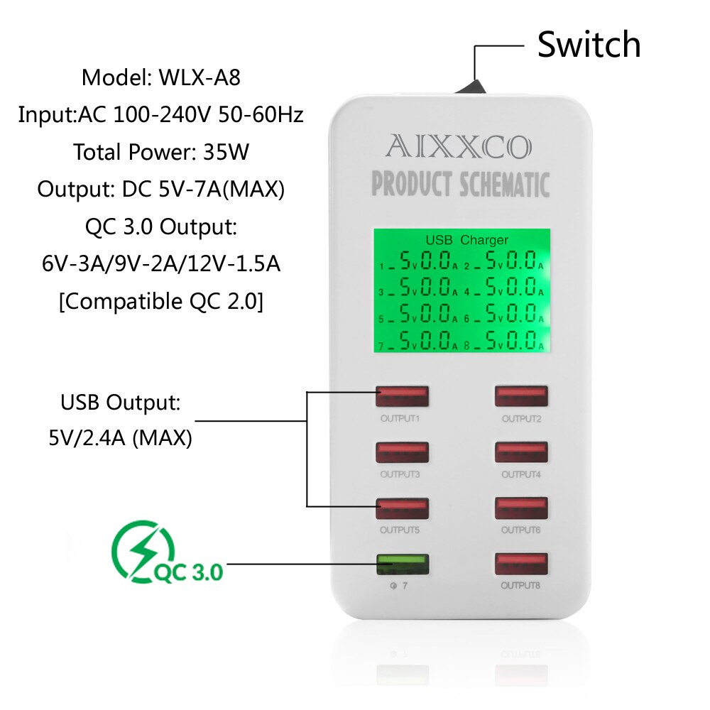 Pantalla de pantalla de carga rápida AIXXCO QC3.0, adaptador de cargador USB inteligente de 8 puertos, cargador de escritorio, cargador de viaje para teléfono móvil QC2.0