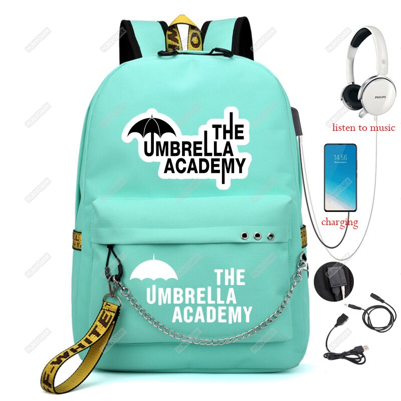 Mochila De La Academia paraguas Usb para hombre y mujer, Bolsa Escolar para ordenador portátil, mochila de viaje, Mochilas de ocio con cadena: Green-2