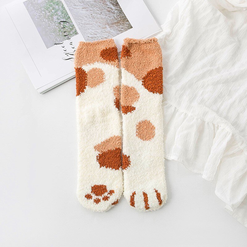 Calcetines de lana de Coral para mujer, medias de tubo Kawaii, con garras de gato, gruesos y cálidos para dormir, para otoño e invierno, 1 par, novedad: 4