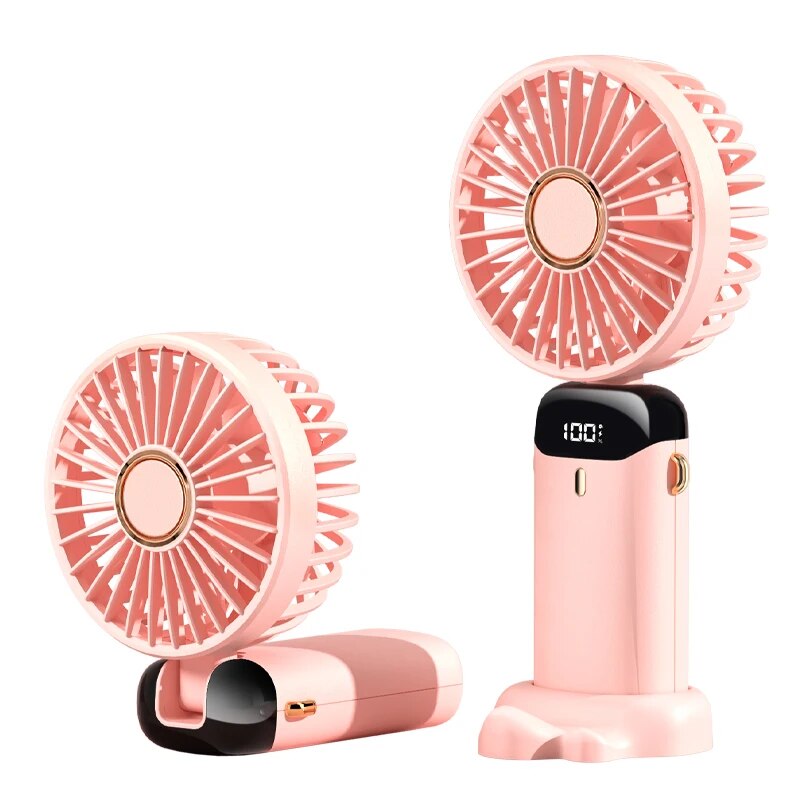 Mini ventilador portátil dobrável usb para pendurar no pescoço, ventilador recarregável de 5 velocidades com suporte para telefone e tela de exibição: Vermelho