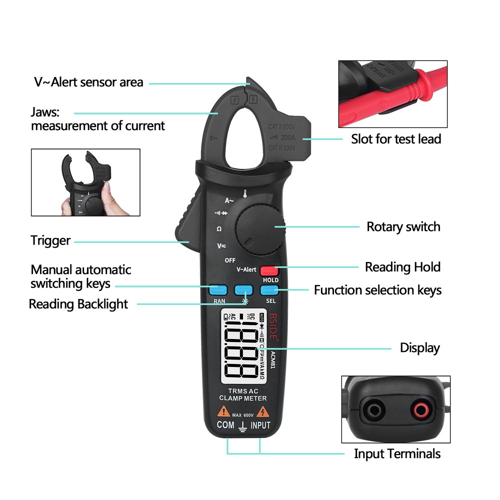 Digitale Clamp Meter BSIDE ACM81/82/91 DC AC Strom Spannung Ampere NCV Ohm Tester Amperemeter Multimeter Elektriker true RMS