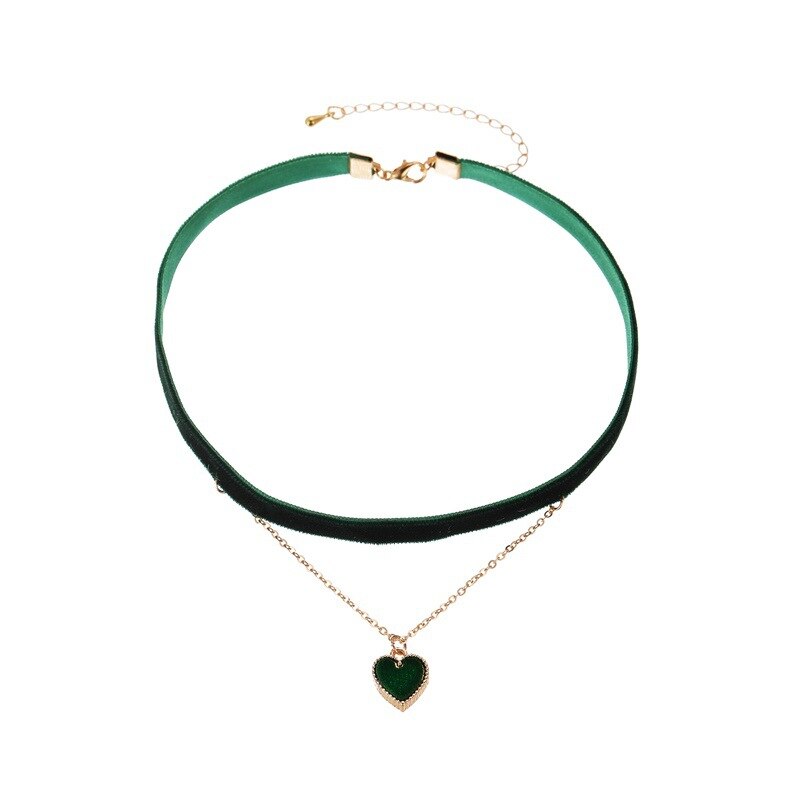 Collares de Gargantillas de corazón multicapa para mujer, Collar con colgante de corazón de cadena corta, joyería, bisutería: Green