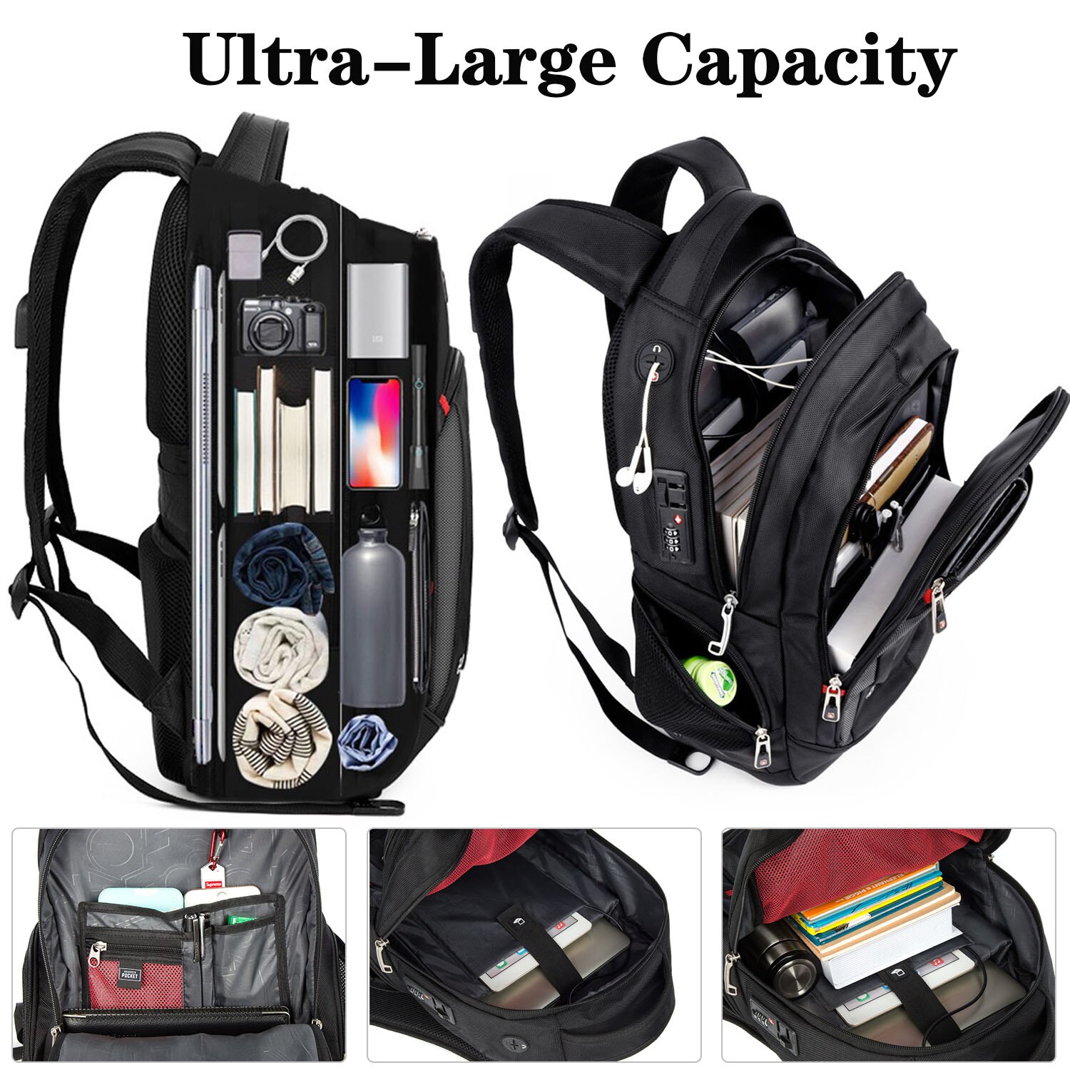 Mochila de viaje de negocios de gran capacidad para hombre, con bloqueo de código, carga USB, multicapa, bolsa para ordenador portátil de 15,6 pulgadas, bolsos escolares de