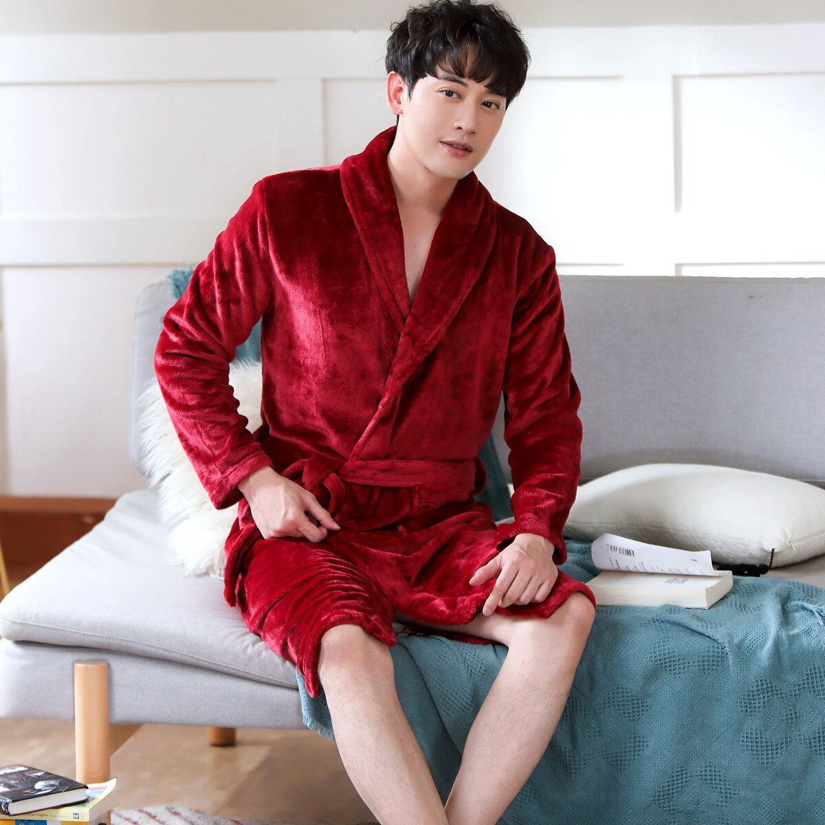 Peignoir à manches longues pour Homme, vêtement d&#39;hiver épais et , imprimé de dessin animé de vache mignonne, Kimono, vêtements de maison