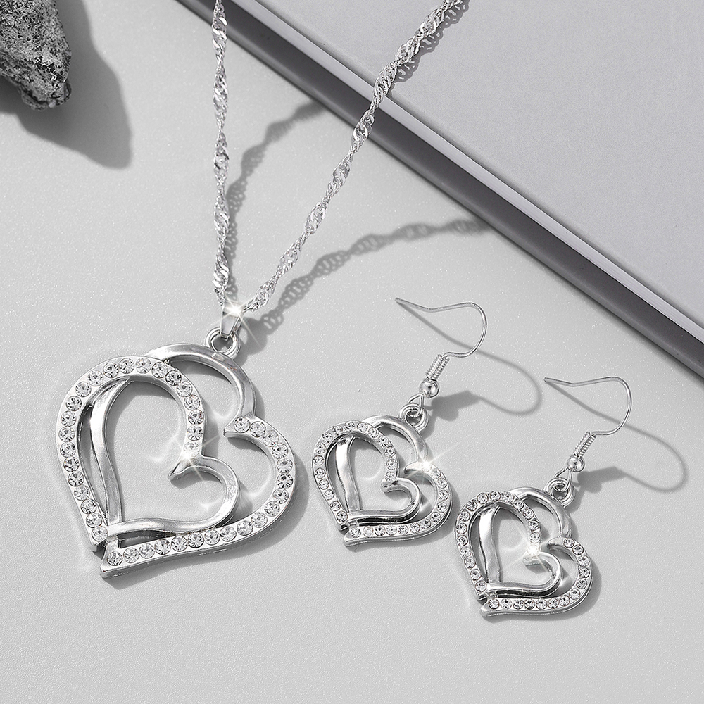 3 Pcs Set Heart Shaped Jewelry Set Of Earrings Pendant Necklace For Women Exquisite Rhinestone Double Heart Jewelry Set: Black Gun Plated