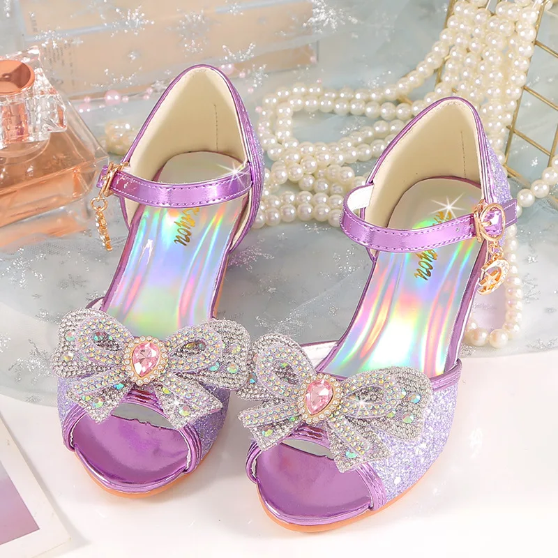 Sandalias de verano para niñas con tacón, zapatos con purpurina brillante y diamantes de imitación a la , zapatos de baile con perlas y pajarita de princesa para niños H876