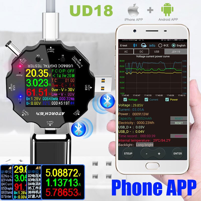 DC5.5 Type-C Usb Tester Digitale Voltmeter Ampèremeter Display Volt Amp Power Bank Meter Iphone E-Test App
