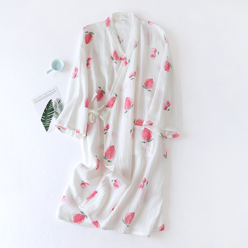 Spring Woven Crepe Nightgown Women&#39;s Thin Cotton Absorbent Shower Robe Japanese Cardigan Lace Bathrobe Long Kimono: white / M bust 100 cm