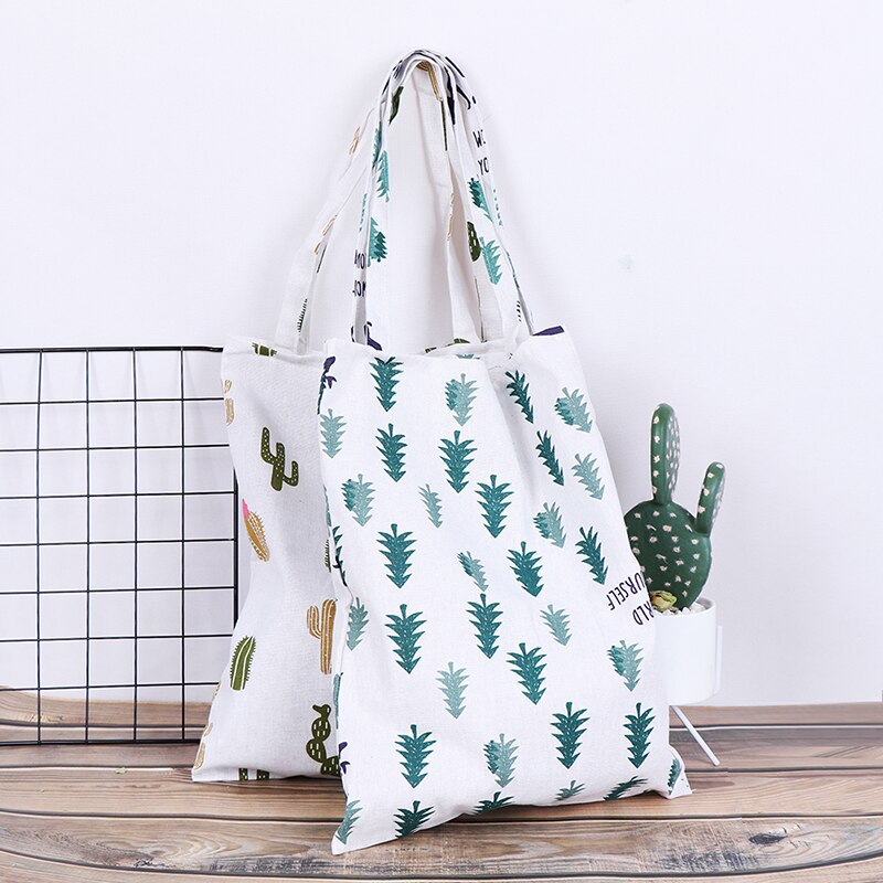 1pc Reusable Foldable Shoulder handbag Pine cactus linen bag Women Canvas Bags shopping outdoor canvas shoulder bags