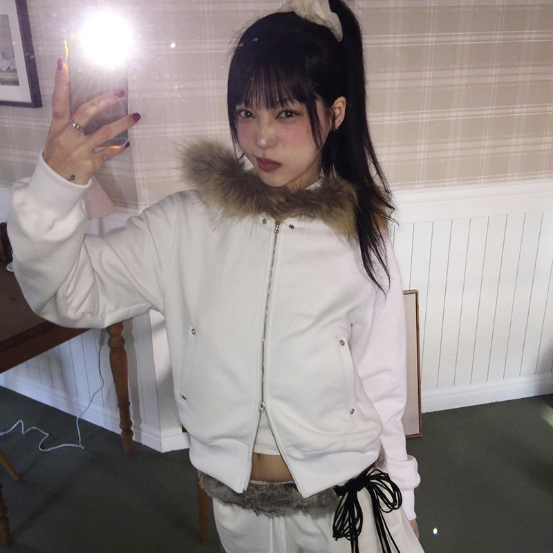 Karrram Japanese Y2k Fur Coat Women Vintage Korean Style Black Hooded Jacket Grunge Aesthetics Fur Collar Zipper Coat Thin 00s: L / black