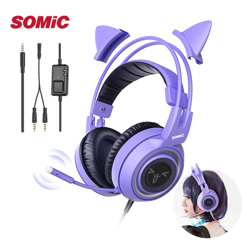 Somic Kat Ear Hoofdtelefoon 3.5Mm Gaming Headset Met Microfoon Ruisonderdrukking Stereo Voor PS4 Pc Telefoon Afneembare Vrouwen g951S Paars