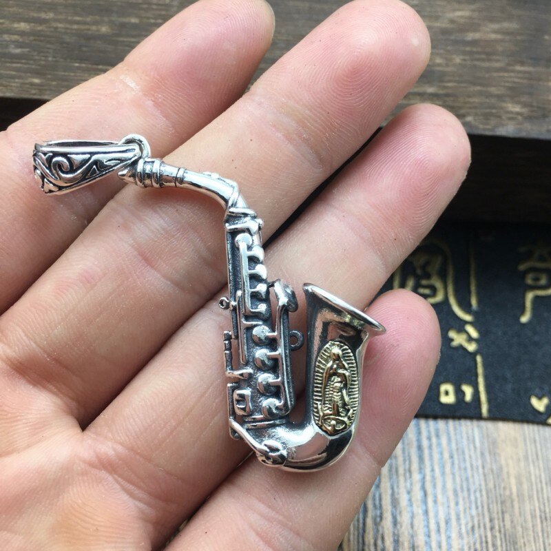 BOCAI real pure s925 silver Man and Woman pendant saxophone rock chain pendant